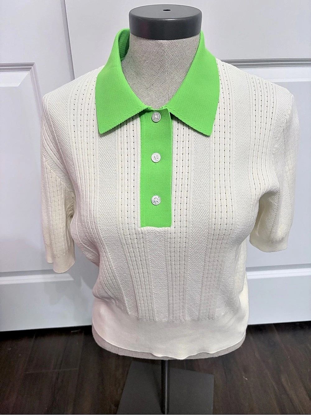 Tory Burch  Polo Knit Top White & Green XL Runs Small